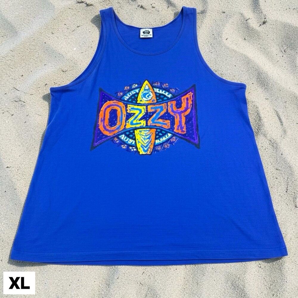Vintage Ozzy Surf Tank Top Men's X-Large Blue Graphic Print USA Made 90s Beach